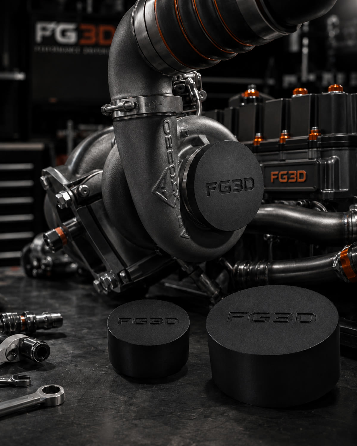 Capuchons de protection FG3D gravés, installés sur un turbo en atelier